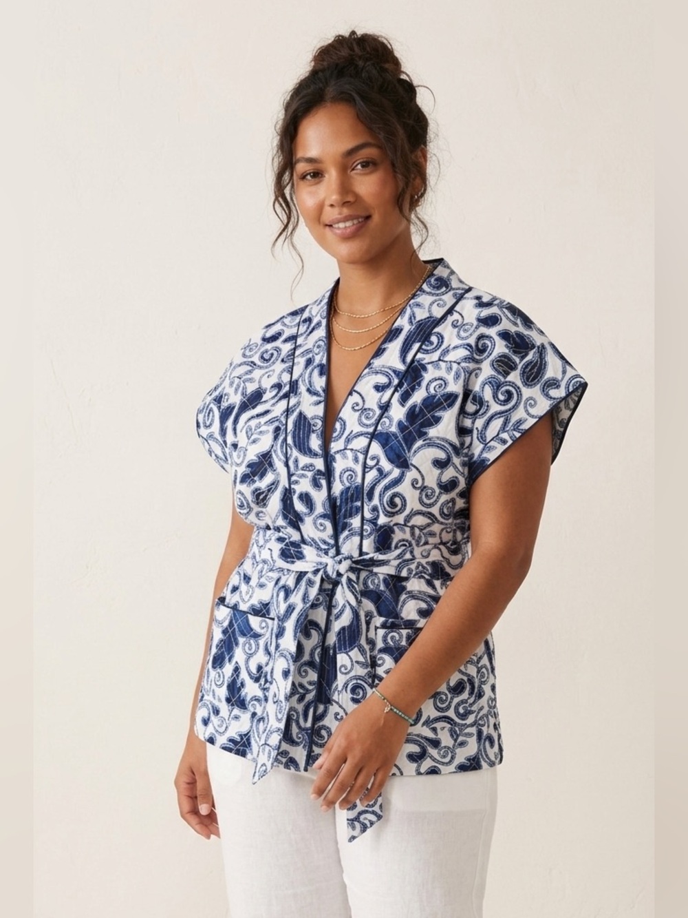Cleobella Tayla Cotton Quilted Wrap Vest Top in Azulejo Size Medium
